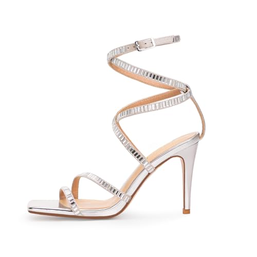 FRJR Strappy Heels for Women Lace up High Heel Sandals Square Open Toe Rhinestone Ankle Strap Stiletto Heels Sexy Prom Dress Party Wedding Heeled Shoes