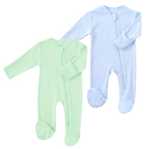 Image of HahaNice Baby 2 Way Zipper Girls Boys 100% Cotton Footed Sleep and Play with Mitten Cuffs 0-12 Months