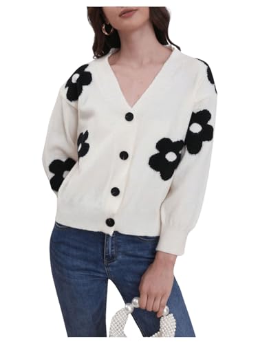 SweatyRocks Women's Knitted Cardigan Button Down Floral Embroidered Long Sleeve Sweater Coat2