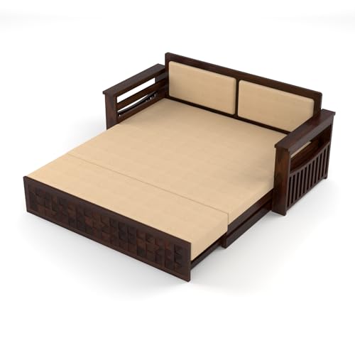 Image of Sheesham Wooden 3 Seater Sofa Cum Bed with Storage - Modern Daybed with Upholstered Backrest | Living Room Convertible Sofa Bed - Wooden Sofa Cum Bed with Mattress (Design 8)
