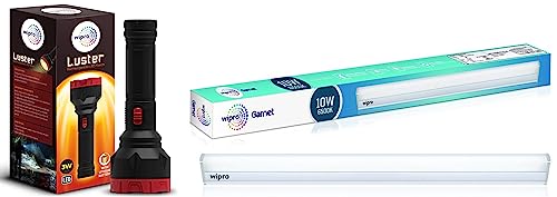Image of wipro Luster 3W Led Bright Rechargeable Torch (Pack of 1, Red and Black, ABS) & wipro D531065 LED Cool Day Light Led Batten (10 Watts)