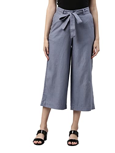 Image of GO COLORS Solid Linen Culottes for Women | High Rise, Side Pockets, Front tie-up