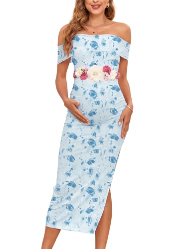 Image of AISWI Maternity Mesh Split Dress Off The Shoulder Ruched Bodycon Pregnancy Dresses Baby Shower Photoshoot, Without Belt, Floral3: Blue Rose, Large