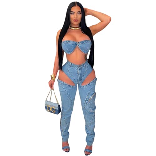 Women's summer clothing Y2K jeans suit sexy wrap top washed elastic large pocket trendy pants