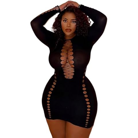 XGOPTS Women Sexy Mesh Nightclub Dress Hollow Out Club Mini Dress Ruched Bodycon Dress Fishnet Long Sleeve Party Dress Black Cover