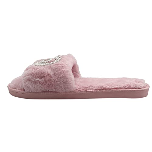 RTPR Zapatillas planas al aire libre interior de moda invierno para mujer, zapatillas de piso plano, antideslizantes, de encaje abierto, patrón de amor, perlas de diamantes de imitación, para zapatos