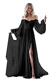 Puffy Sleeve Prom Dress Black Tulle Wedding Dress Long Ball Gowns for Women Formal Puffy Off Shoulder Split Evening Gowns Size 2