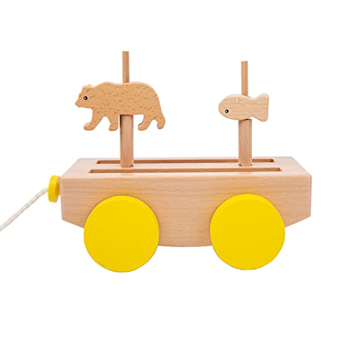 Image of Adena Montessori Wooden Pull Long Trailer Toys - Wooden Pull Car Interactive Animal Towing Toy for Kids 1-3 Years Old Cognitive Development
