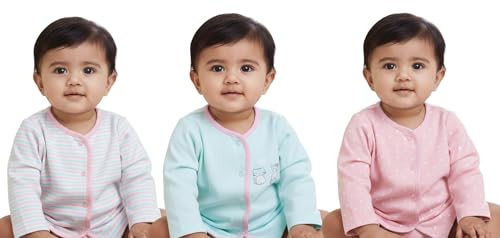 Image of Baby GO Unisex Baby 100% Cotton Full Sleeve Front Open T-Shirt Pack of 3 | Soft Breathable Infant Clothing Set with Snap Buttons | Comfortable Layering Top for Newborn Baby Boys & Baby Girls
