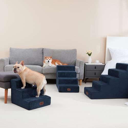 Image of EHEYCIGA Dog Stairs for Small Dogs 13.5 inch H, 3-Step Dog Steps for Couch Sofa and Chair, Pet Steps for Medium Cats, Non-Slip Balanced Pet Ramp Indoor, Navy Blue