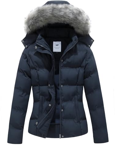 GGleaf Women's Hooded Warm Winter Coat Quilted Thicken Puffer Jacket with Removable Fur Hood Navy L