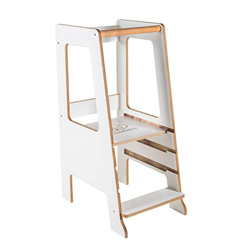 MEOWBABY Ayudante de Cocina Para Niños Taburete de Contrachapado Taburete Asistente de Cocina Montessori Torre de Aprendizaje Estanes Ajustables Made in EU Blanco