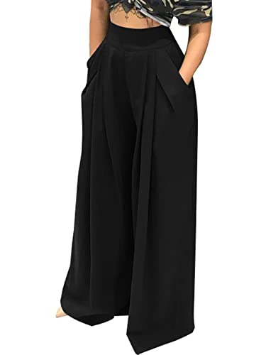 Famnbro Women's Solid Color Palazzo Pants High Waisted Long Wide Leg Trousers with Pockets Plus Size