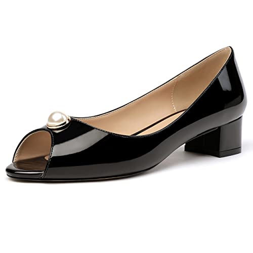MODENCOCO Women's Peep Toe Patent Leather Slip On Pearl Decoration Chunky Low Heel Pumps Shoes 1.5 Inch