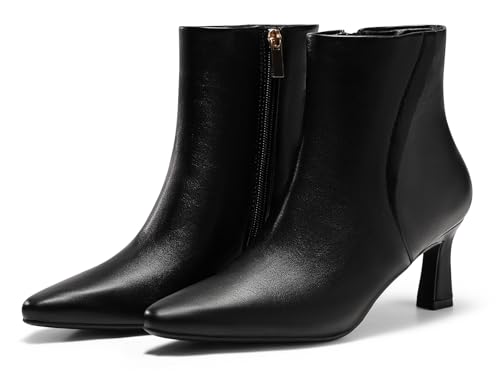 Coutgo Womens Ankle Boots Kitten Low Heel Closed Pointed Booties Side Zipper Winter Dress Shoes, Black, size 10