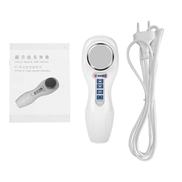 Contents of the Generic Ultrasonic Facial Massager package, including the device, user manual, and power cord.