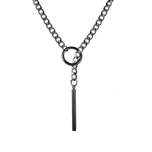 KOFISNI Slip Chain Necklace for Women Men Gothic Stainless Steel Cuban Link Long Necklace with Bar Pendant Punk Rock Collar Choker Adjustable Lariat Y Necklaces (Black Bar)