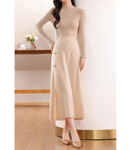 Long Skirt Women's 100% Wool Knit Skirt Ribbed Elastic Waist Fashion Split Skirts2