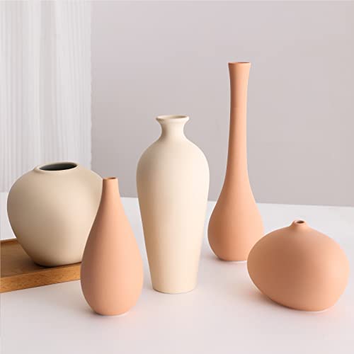 Ceramic Vase Set Of 5, Small Flower Vases For Rustic Home Decor, Modern Farmhouse Decor, Living Room Decor, Shelf Decor, Table Decor, Bookshelf, Mantel And Entryway Decor #TOP5