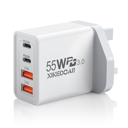 USB C Plug, 55W 4 Port USB Charger UK Dual Port PD Power Adapter + QC Wall Charger Plug Fast Charging Main Chargers, Multi USB Plug for iPhone 15,14,13,12,11, iPad Air, Samsung S24, S23