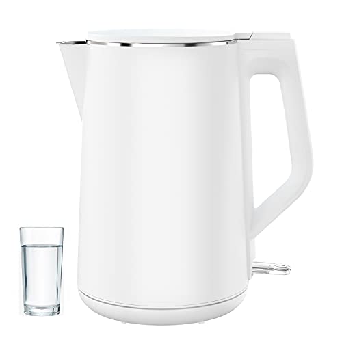 Electric Kettle Double Wall, Electric Tea Kettle for 1.5L/6 Cups Hot Wter Kettles Electric, BPA-Free All Stainless Steel Inner Lid & Bottom 1500W Fast Boil Kettle (White)