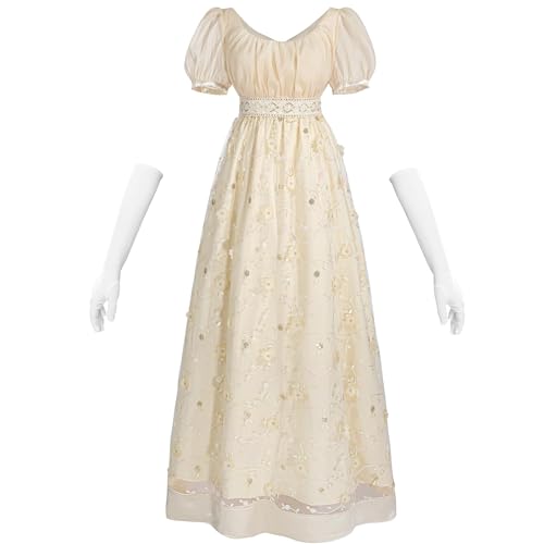 CR ROLECOS Regency Abito vittoriano vintage da donna con vita impero anni '800 stile Jane Austen per tea party e ballo di fine anno, con guanti, Oro, XL