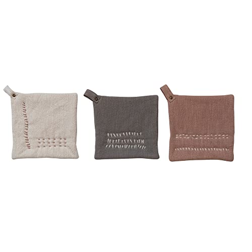 Creative Co-Op Cotton Slub Embroidered Designs, Set Of 3 Colors Pot Holder, Multi #TOP28