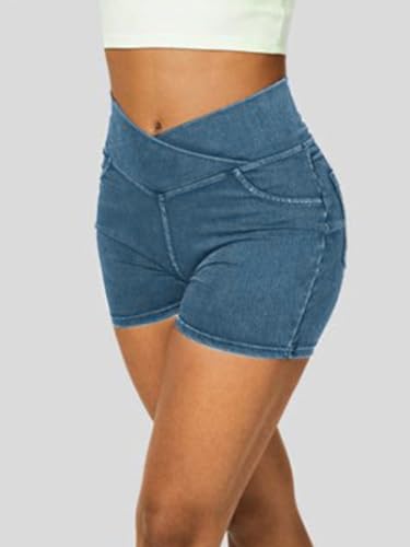 High Waisted Jeans Shorts for Women Stretchy Shorts Crossover Denim Summer Bermuda Pants with Pockets Summer3