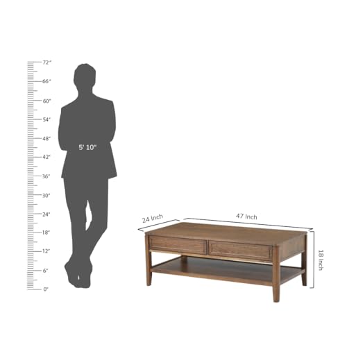 Image of Royaloak Dallas American Wooden Coffee Table | Rectangular Centre Table for Living Room with Ash Veneer Top, Pull-Out Drawers & Open Shelf | Tapered Legs, Modern Design & Durable Construction