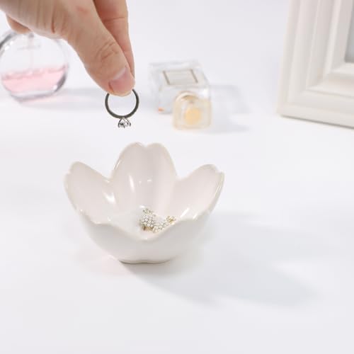 Image of Flower Ring Dish Holder,Jewelry Dish Tray,Small Trinket Tray,Jewelry Plate Bowl,Key Bowl,Decorative Plate,Birtdhay Christmas Gifts for Women Friends,Ceramic Kiln effect White