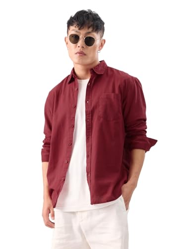 Image of The Souled Store Bold Black Men and Boys Long Sleeve Collared Neck Buttoned Front Regular Fit Cotton Linen Shirts
