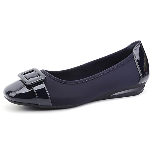 Greatonu Women's Flats Square Toe Ballet Buckle Soft Walking Slip-on Dress Shoes Navy Size 6
