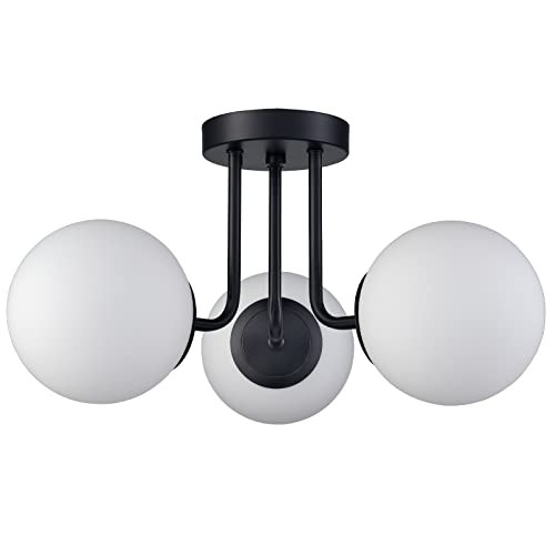 Plafonnier brossé moderne globe verre blanc semi-encastré
