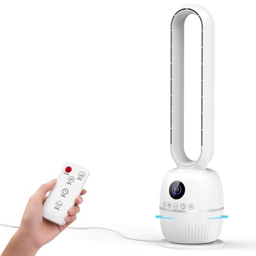 Teoryieer Ventilateur Colonne Sans Pales, Ventilateur Sur Pied Silencieux avec Télécommande, 12 Vitesses & 12 Heures Minuterie, Oscillation 60°, Écran LED,...