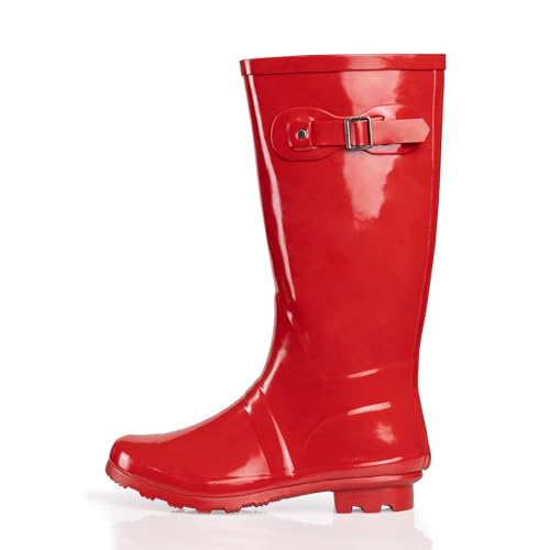 NORTY Waterproof Rain Boots for Women Size 9, Tall & High Calf Rain Shoes, Slip-Resistant, Comfortable Rainboots, Stylish Outdoor & Garden Boots, Glossy Red, 13.25” Shaft