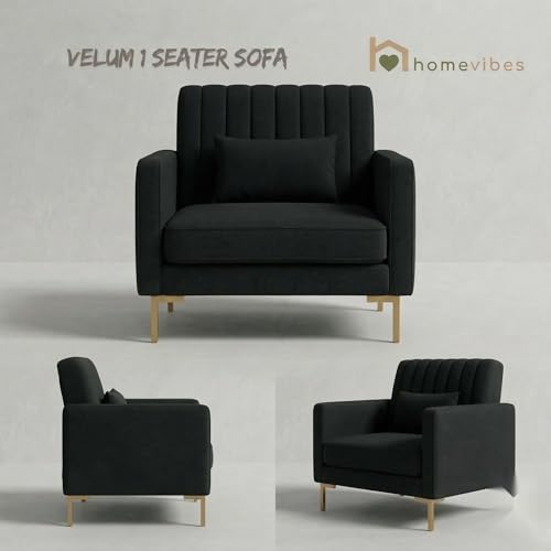 Image of 1 Seater Velum Fabric Sofa Set for Living Room, Modern Design with High Density Foam, Solid Wood Frame, Ergonomic Comfortable Seating for Home & Office (Black, 1 Seater) | Soft foam comfort, Strong wood frame