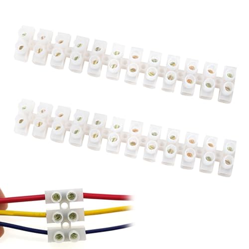 2-Pack 12-Way Brass Terminal Block Strips - 30A Clear Connectors for Secure Wiring & Multiple Cable Connections