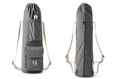 Image of O2 Yoga Mat Bag | Block Style Cotton Yoga Mat Carry Bag with Adjustable Double Straps | Yoga Block Pocket with Bottle Holder | Yoga Mat Cover Bag for Women & Men | Fits 2mm-10mm Mats - Dark Grey