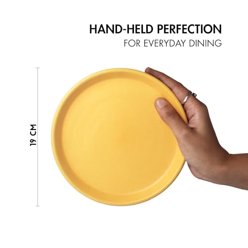 Image of Ceramic Qaurter Plates, 2 Pcs | Dessert Plate | Side Plate with Rim | Microwave, Oven Dishwasher Safe | Stoneware Set of 2 Quarter Plates | (Aamras Yellow, Side Plate)