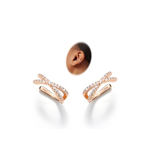 KRFY 2Pcs Adjustable Ear Cuff S925 Sterling Silver Ear Cuffs Non Piercing Cuff Earrings for Women Rose Gold Plated 5A Cubic Zirconia Clip On Cartilage Helix Conch Fake Earrings Hypoallergenic