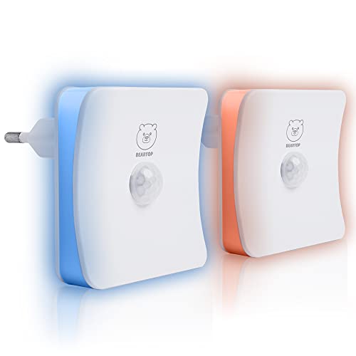 BearTop Veilleuse de Capteur de crépuscule et de mouvement | 6 couleurs différentes | auto ON/OFF | Lumière d'orientation, éclairage d'armoire, veilleuse | Efficace en énergie | 2 pièces | RGB Cover