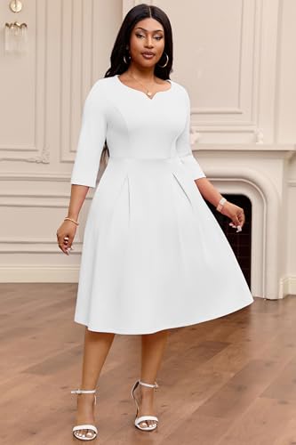 Image of Nmoder Fit-and-Flare Midi Dress V-Notch Neck Casual Dress Side Pockets | V-notch neckline;A-line swing silhouette; Soft breathable fabric; Perfect for church wedding guest work daily wear