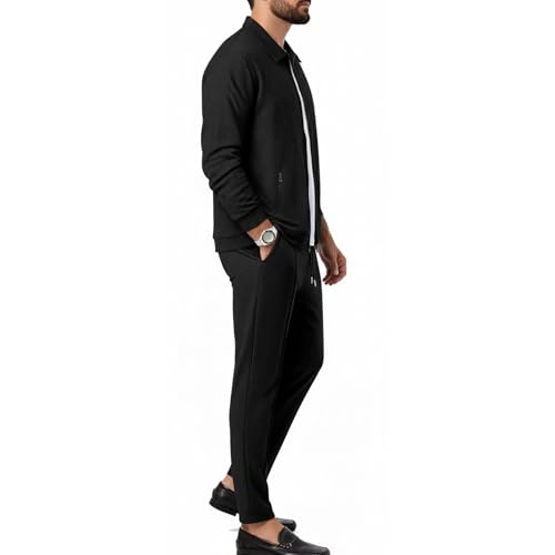 Image of Jawdrobe Men's Zipper-Check Co-Ord Set | Self-Textured Collar Top | Drawstring Jogger Pants | Cotton-Blend Loungewear Night-Suit | Mans Casual Travel Two-Piece