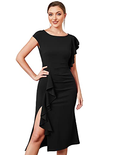 ALISA PAN Vestidos de Cóctel Hoja de Loto Mangas Casquillo Abertura Plisado Escote Redondo Largo para Mujer Chic Negro S Cover