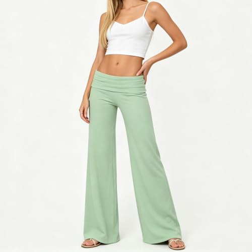 Image of Lounge Yoga Pants for Women Fold Over Low Waist Wide Leg Bell Bottoms | Y2K Foldover Pants, Flare Leggings, Low Rise Yoga Sweatpants