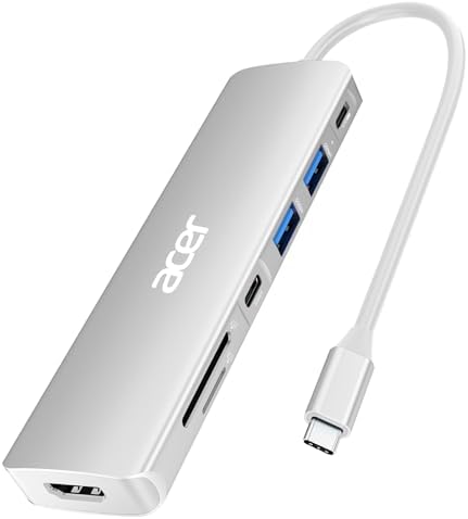 Acer USB C Dock, 7 in 1 USB-C to HDMI Hub, 2 USBA 3.1 GEN1 and 5Gbps Type-C Data Port, 4K HDMI Port, PD 100W Charging, SD Card Reader, for iPad Pro MacBook Pro Laptops and More (Silver)