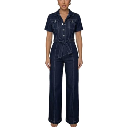 YSINTL Women's denim jumpsuit sexy slim fit short sleeved high waisted fashionable denim pants jumpsuit
