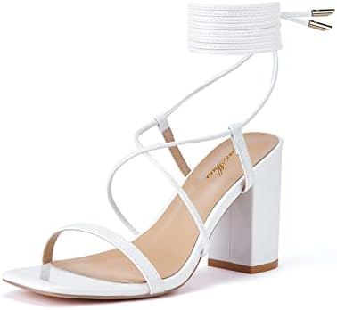 GENSHUO Sandales à Talon Bloc pour Femmes, Conception de Bride de Jambe pour Femmes, Sandales à Lanières à Talons Hauts Élégantes, Sandales d'Été à la Mode pour Mariage, 36-42 EU