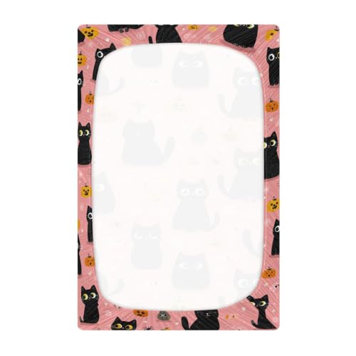 Image of Halloween Cute Cat Pinks Crib Sheets | Soft Breathable Fitted Baby Crib Sheets Mattress Cover for Girls Boys 52 inch x 28 inch x 9 inch