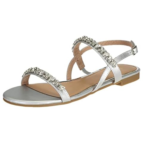 SheSole Womens Ladies Casual Dresssy Summer Beach Wedding Shoes Cute Strappy Rhinestone Open Toe Flat Sandals Silver UK 5 Cover